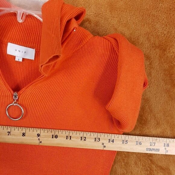 UNIF Top Womens Small Orange Ribbed Knit Bodysuit 1/4 Zip Mock Neck Stretch - Picture 4 of 7